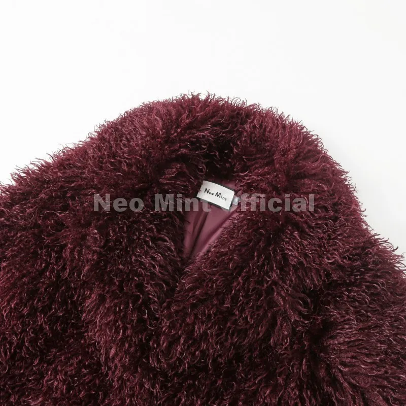 Neo Mint Winter 2025 Trend Burgundy Obsession Long Faux Mongolia Sheep Fur Jacket Coat Women Chic Lapel Collar Fluffy Overcoat