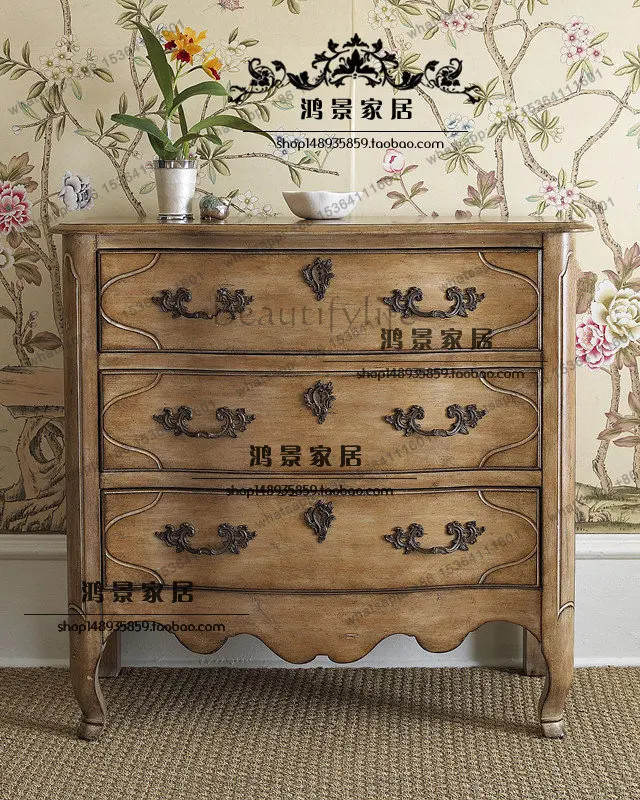 

European retro old solid wood bedside table American bedroom bedside locker