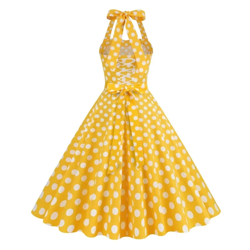 2025 New Hepburn Style Retro Contrasting Polka Dot Neck Dress Women Casual 50s 60s Vintage High Waist Lace Up Big Swing Dresses