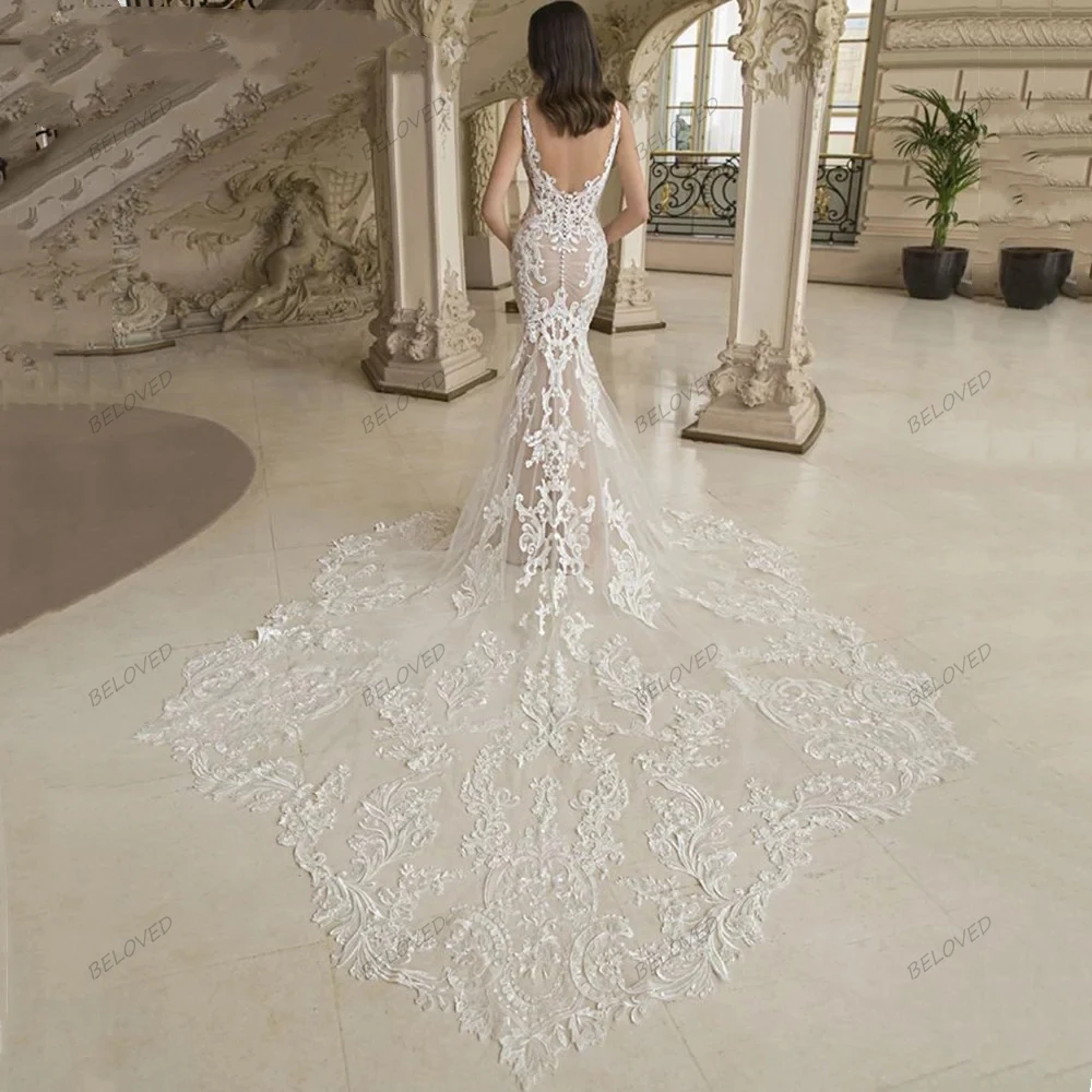 Klassische Brautkleider, elegante Brautkleider, Spitze, Applikationen, V-Ausschnitt, Mantel, Meerjungfrau, sexy Roben, Vestidos de Novia 2025, individuell gestaltet