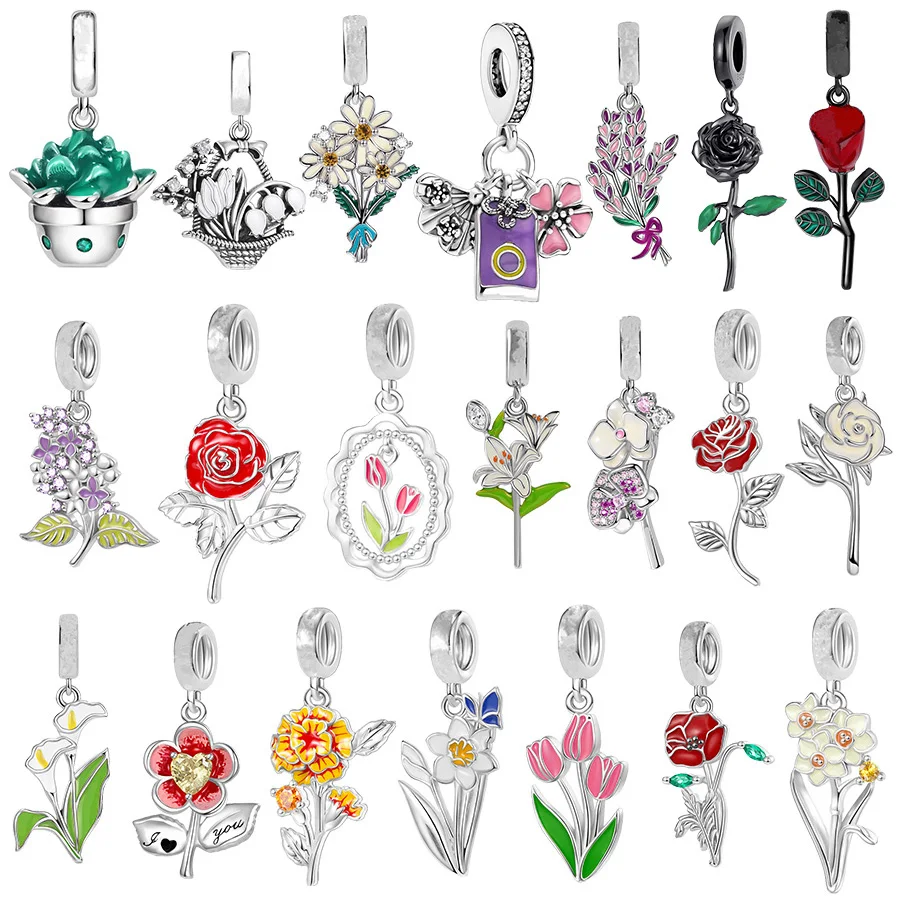 

Hot Sale DIY Silver-Plated Calla Lily Flower、White Rose & Blooming Tulip Dangle Charm Bead Fit Original Silver Bracelet Jewelry