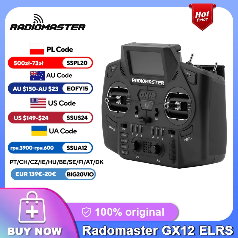 

RadioMaster GX12 ELRS Dual-Band 2.4GHz/900MHz Antennas GX01 Digital 1000Hz 12 bit Gimbal Gemini-X Radio Controller (M2)