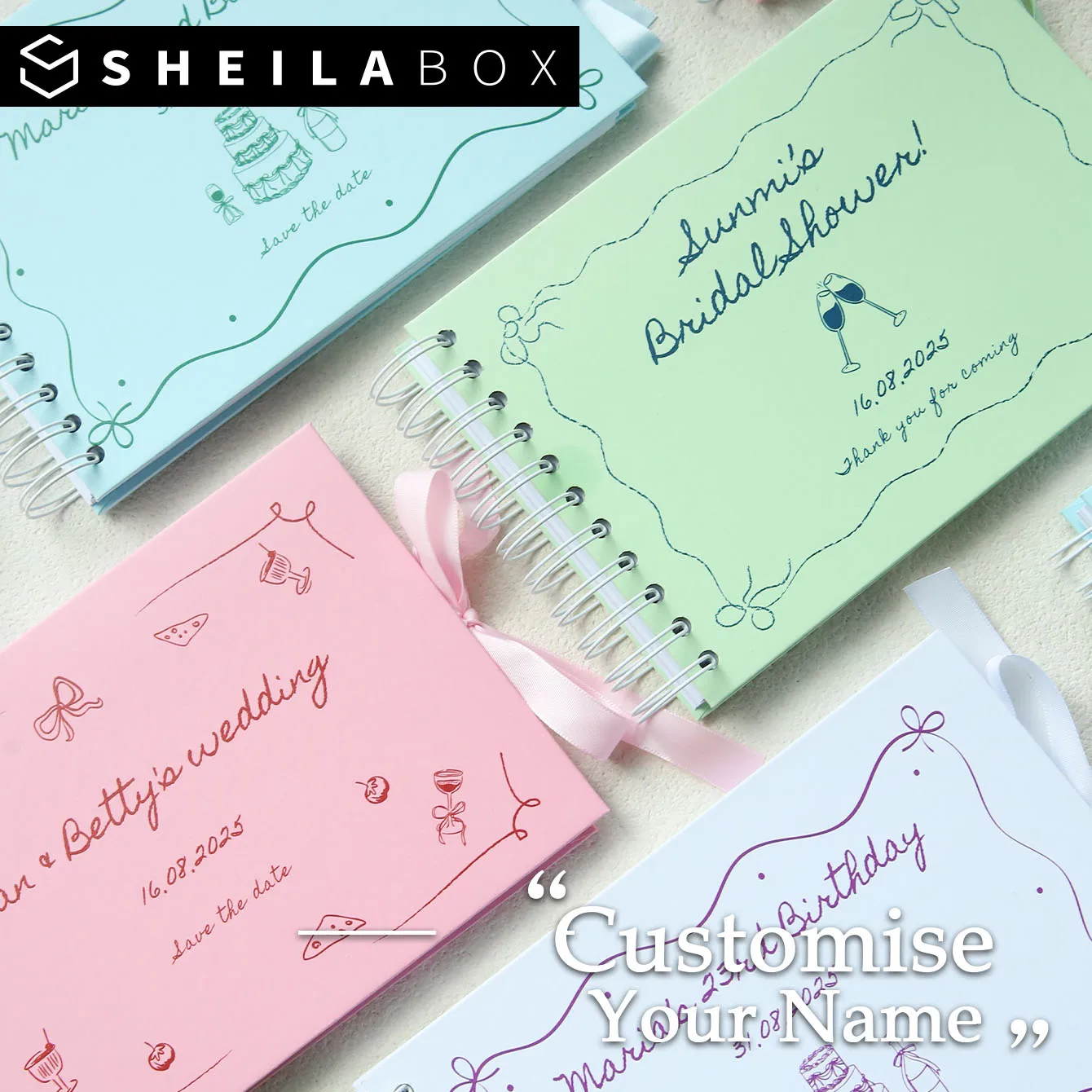 Livre d'or personnalisé Sheilabox avec nœud A5 – Noms et date personnalisés pour fête d'anniversaire, livre d'or de mariage, album de souvenirs, photos