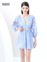 Sexy Hollow out Lace dress with belt 2025 Summer Beige Blue Beach V-neck Single breasted shirt dresses Embroidery INKEO 5D049