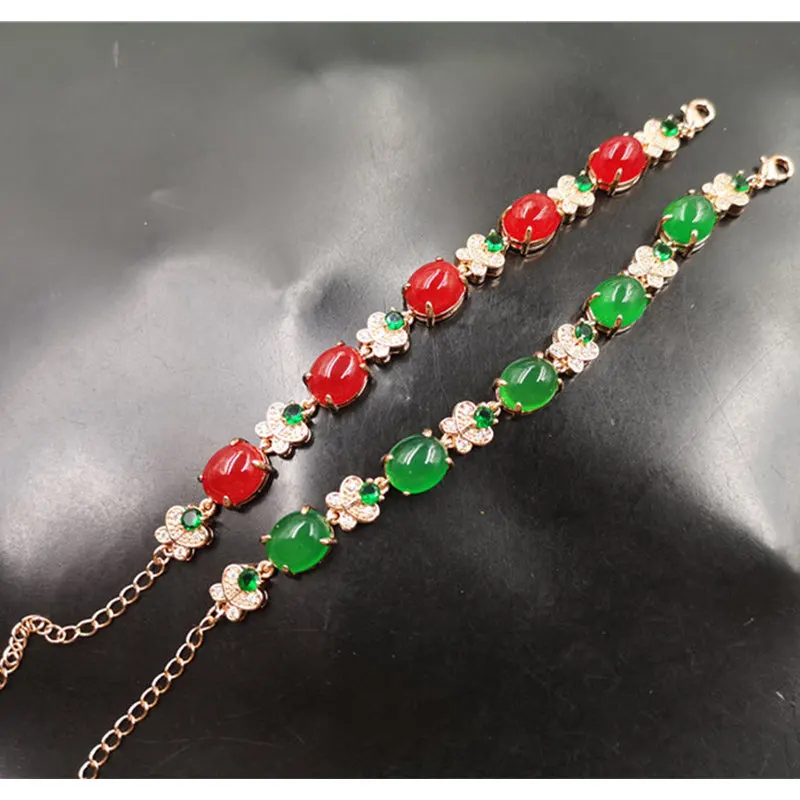 Inlaid Red Women, Green Agate Bracelet, Vintage Ethnic Style