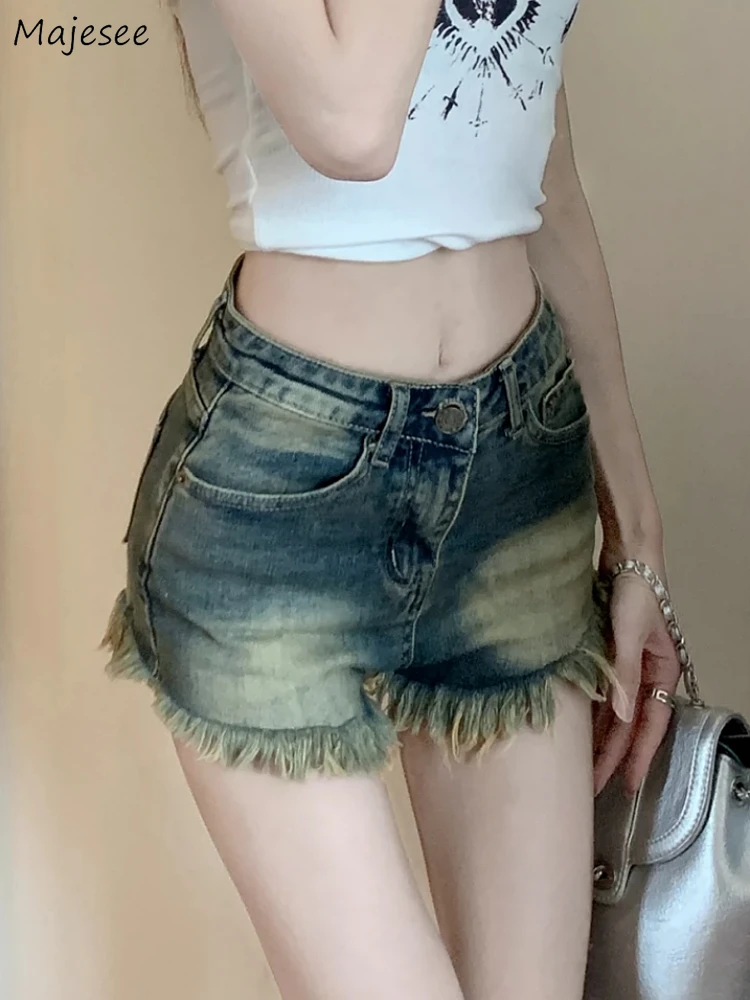 Denim Shorts Women Blue Retro High Waist Summer Thin Straight Korean Style All-match Slim Fit Design Streetwear Girls Popular