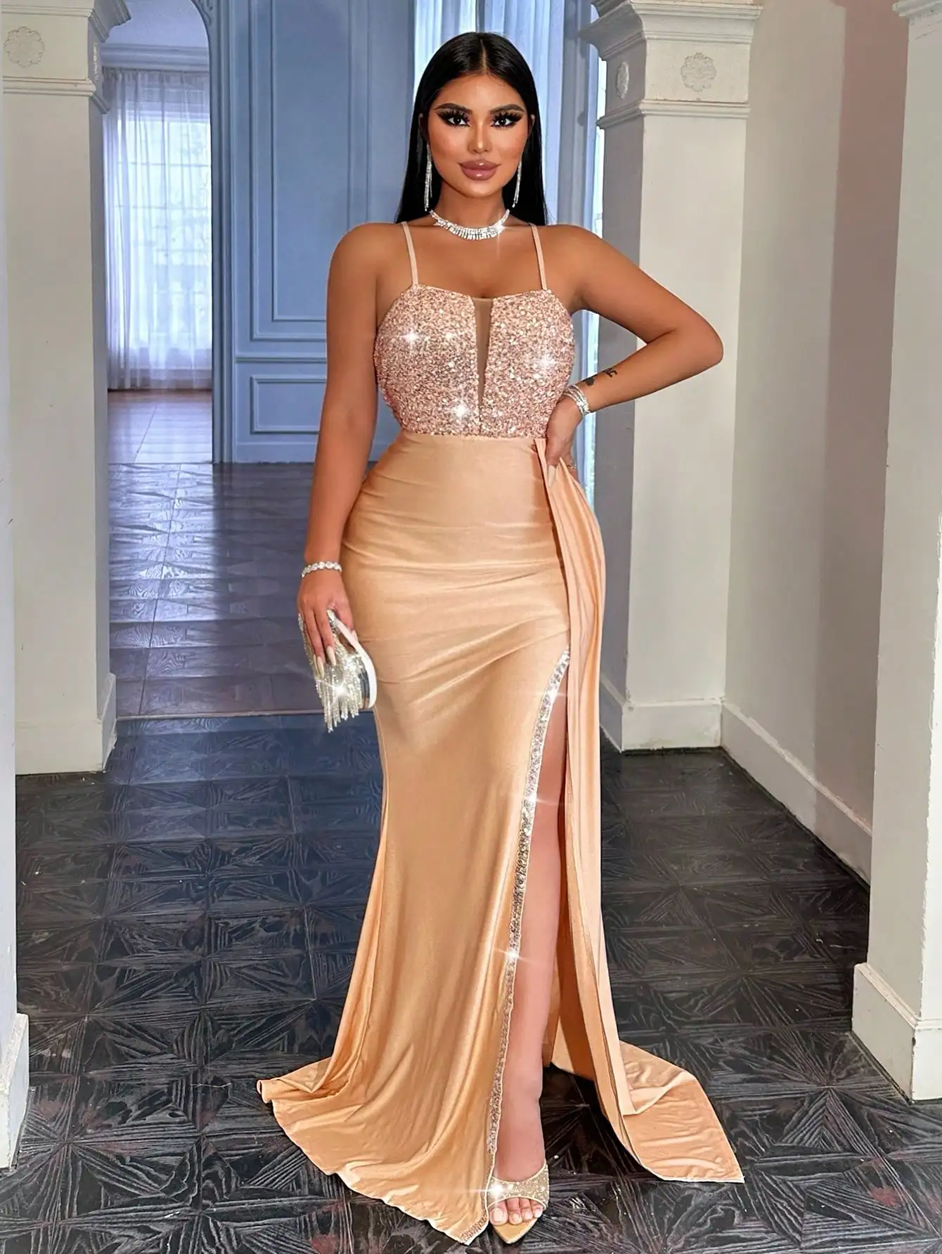 

Elegant Sequin Splice Long Formal Gown with Side Slit, High Waist & Satin Skirt for Prom, Valentine's Day, Christmas