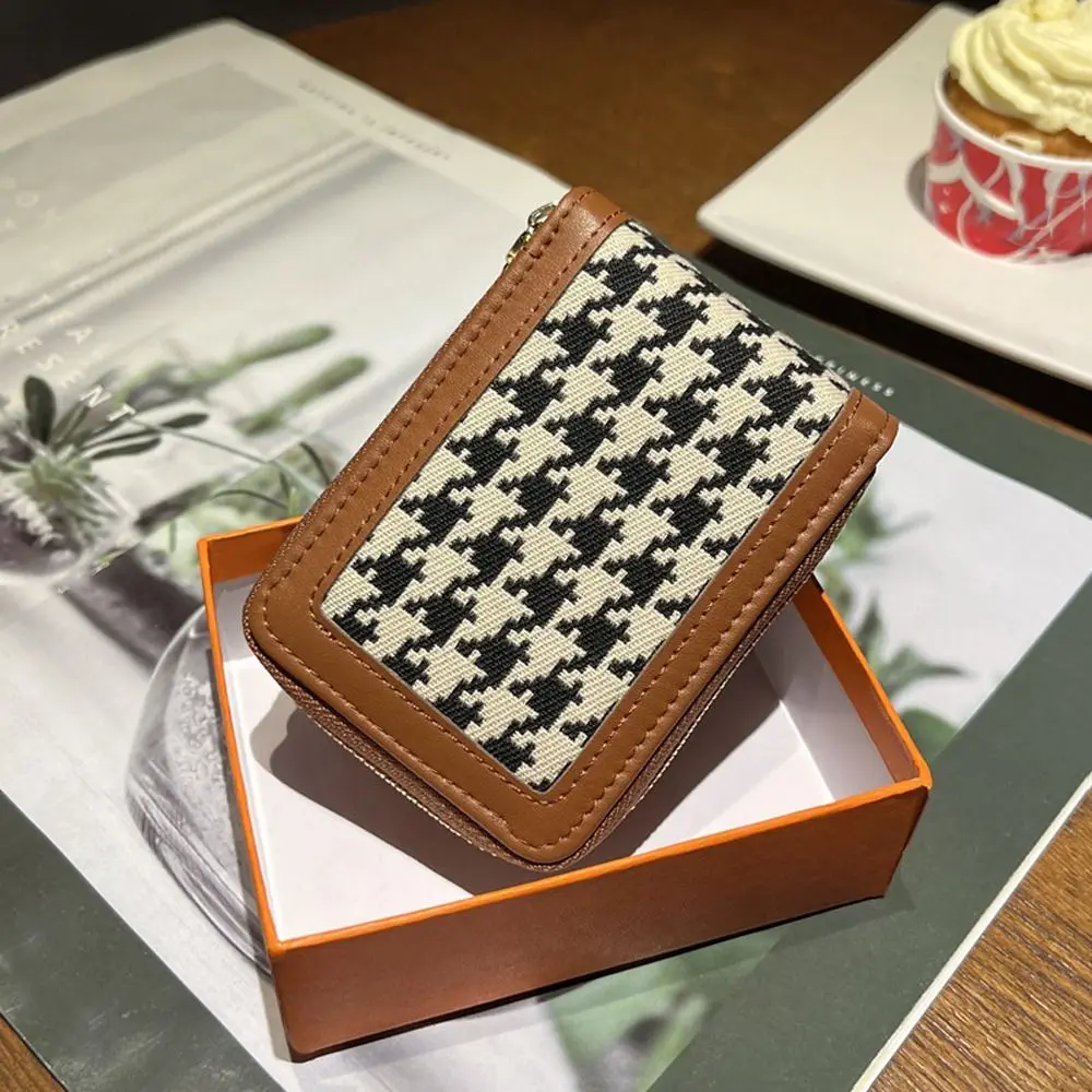 Lattice Plaid Canvas Coin Purse Wallet PU Leather Zipper ID Credit Card Holder Card Case Card Access Control