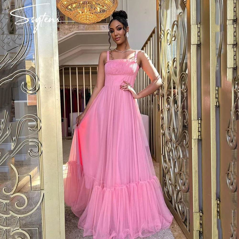 

Fairy Light Pink Prom Dresses Spaghetti straps Tiered Long Evening Gowns Graduation Dress For Teen 15 quinceanera Party Gown