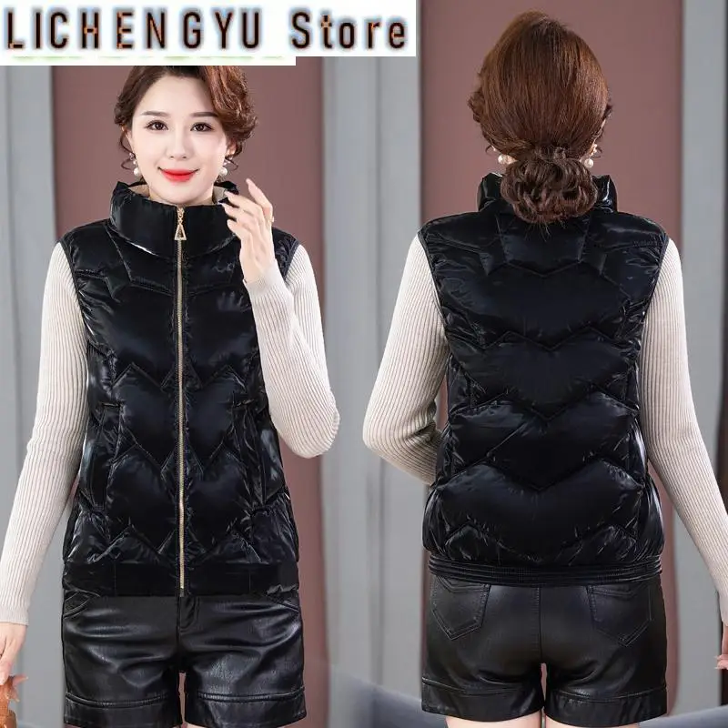 Glossy Down Cotton Vest Women's Short New Middle-aged light Warm Vest Female Standing Collar Sleeveless Parkas Waistcoat