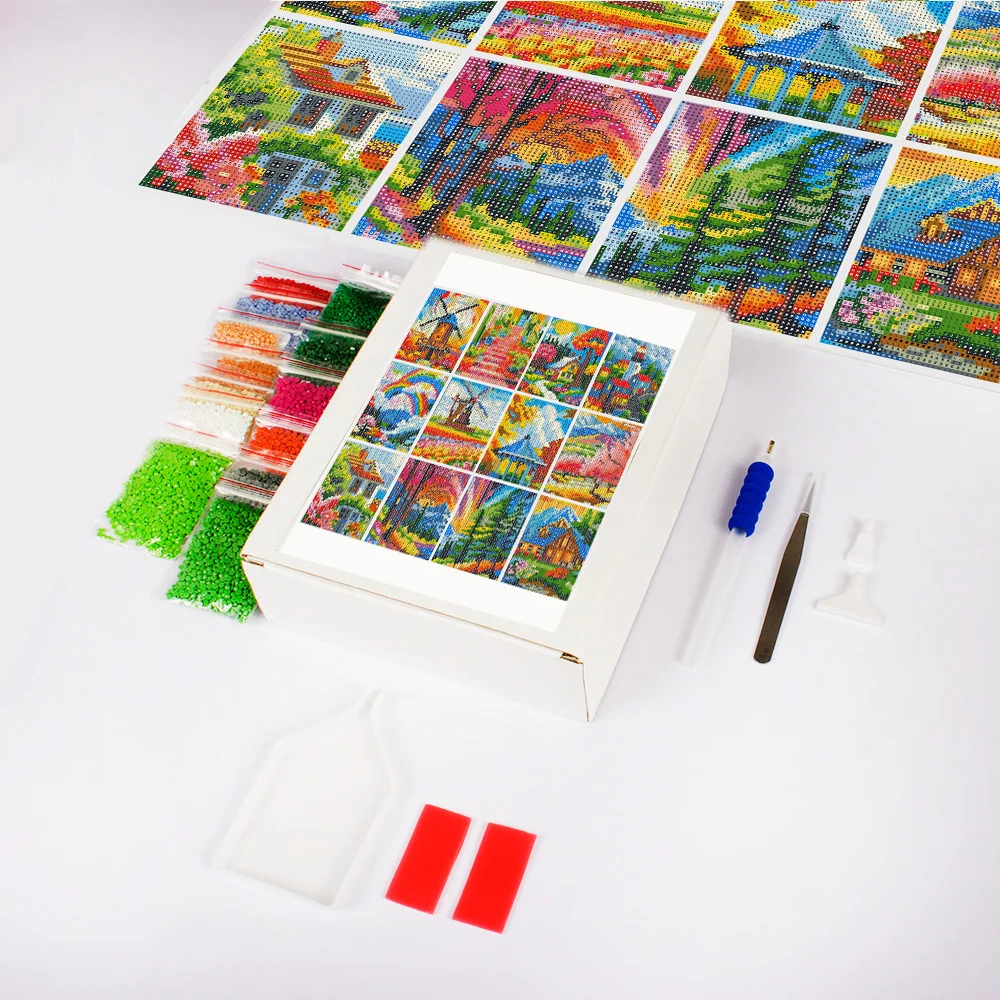 Huacan 12pc New Arrivals Mini Diamond Painting Landscape Windmill Mosaic Cartoon House Handmade Hobby Art Wall Decor