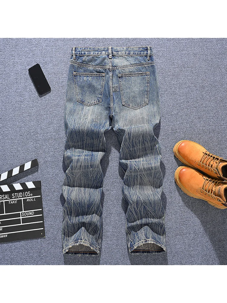 تصميم عصري مطبوع على الطراز الكوري جينز عصري للرجال أزياء الشارع ريترو وسيم فضفاض واسع الساق