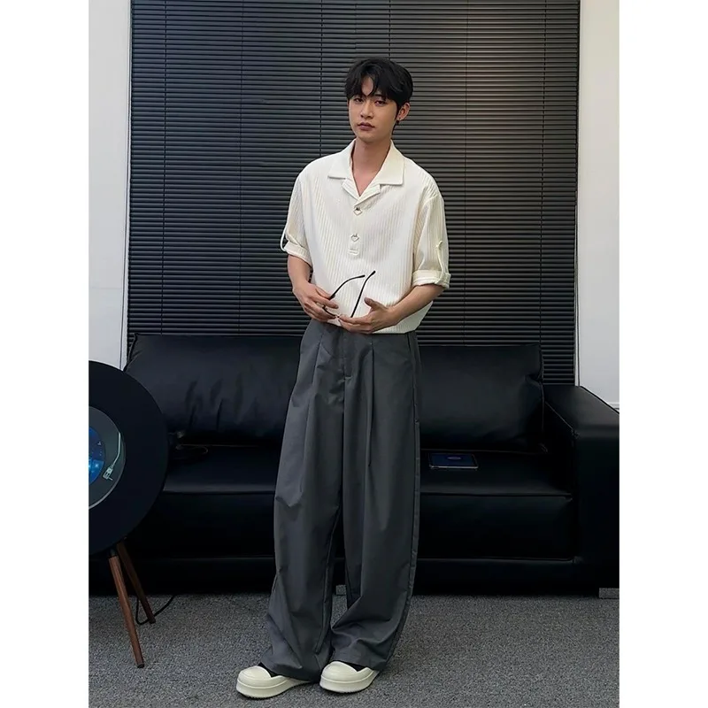 

Summer Men's T-irt Large Size 250 Pou Hong Kong Sle Retro ort Sve irt Five-Quarter Sve irt Wrinkles Design...