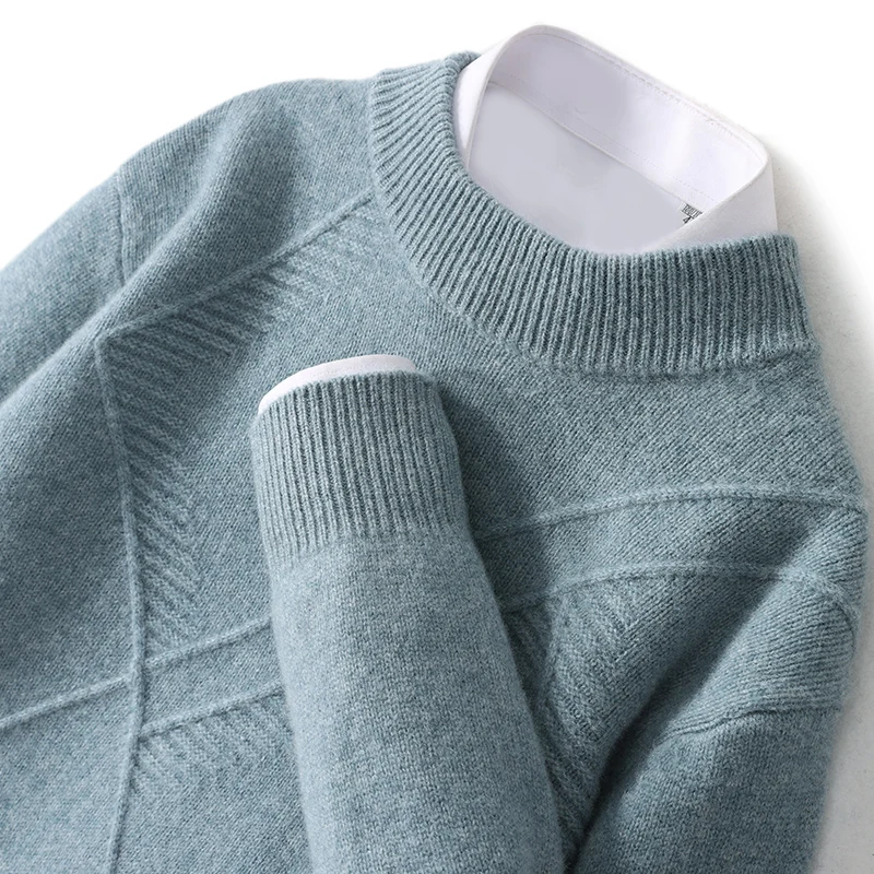 

100% Merino Wool Sweater Men's Half-high Neck Winter Thickened Fashion Jacquard Knitted Pullover Retro Leisure Sweater