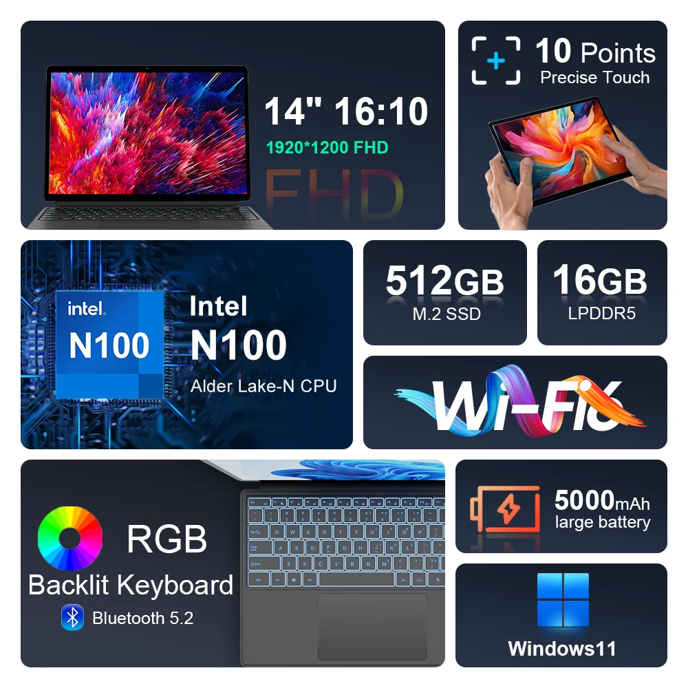 Ninkear-Mini Laptop com tela sensível ao toque, Windows 11 Notebook, 14 em, 2 em 1, Intel N100, 16GB 512GB, IPS, frete grátis, T40