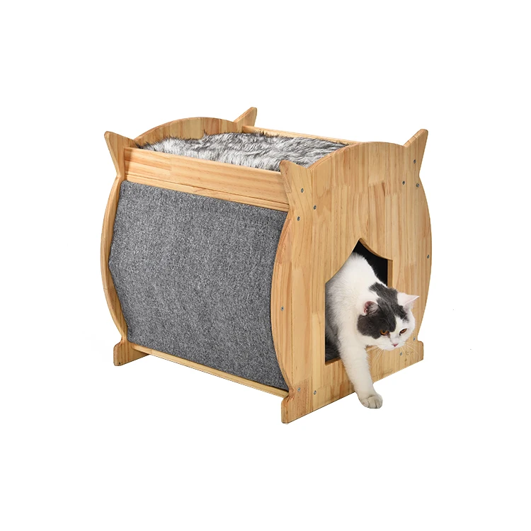 Functional Kitty Wooden Scratcher House with Plush Pad Toy Ball Cat Furniture