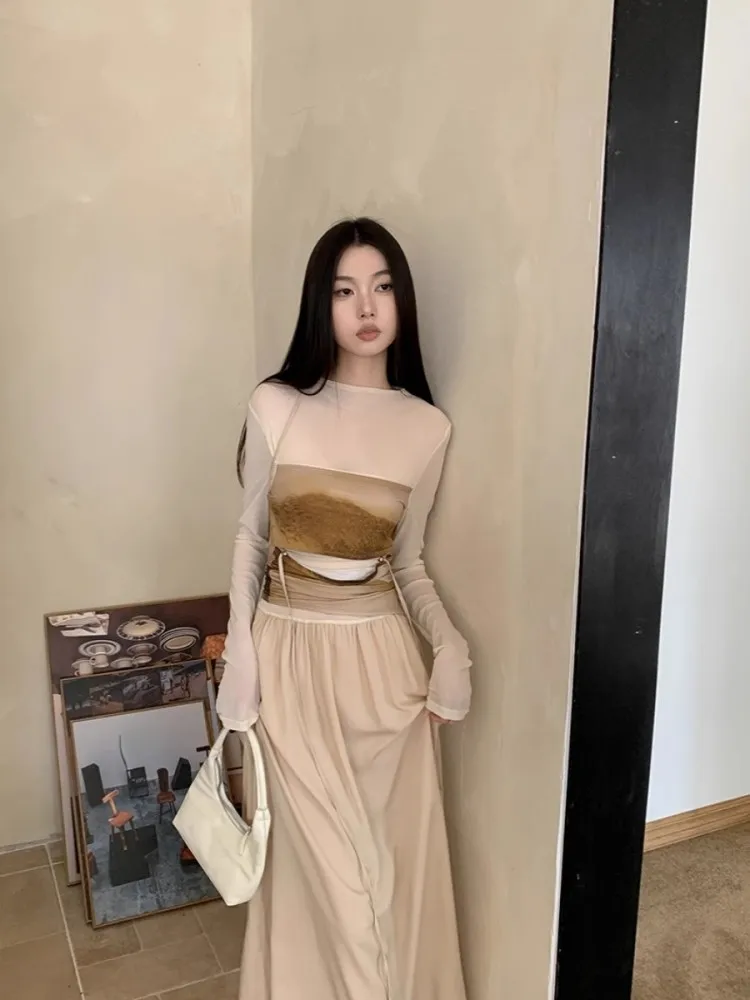 Design Sense Contrasting Color Patchwork Dress For Women\'S Spring And Autumn Half High Neckline Pleated Temperament Long Skirt