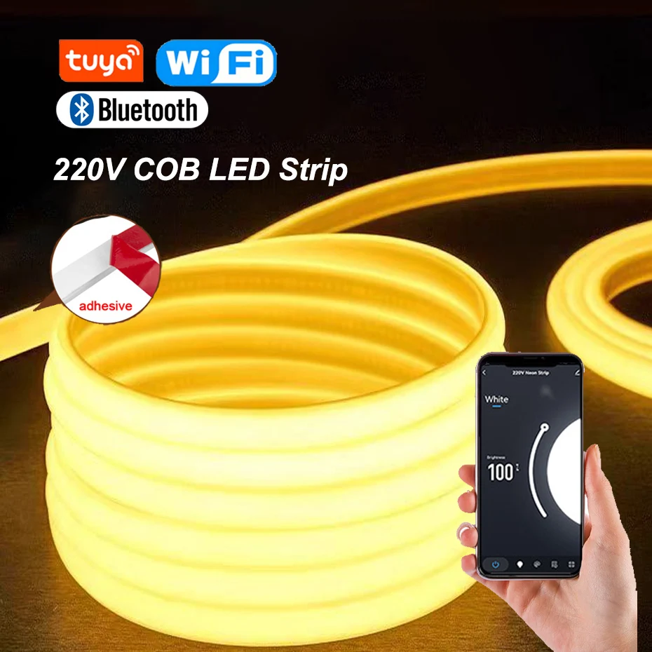 fita-de-led-cob-regulavel-220v-288-leds-m-tuya-wifi-bluetooth-ip65-a-prova-d'Agua-com-fita-adesiva-e-plugue-eu-para-iluminacao-residencial