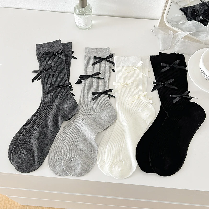 Fashion Women Socks Summer New Bow Sweet Trendy Solid Color Thin Socks Long Breathable Simple Preppy Style Loose Socks Japanese