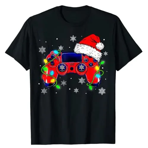 Gifts Gaming Lover Xmas Costume Family Matching Videos Games Outfit Video Game Controller Christmas Santa Hat Gamer Boys T-Shirt