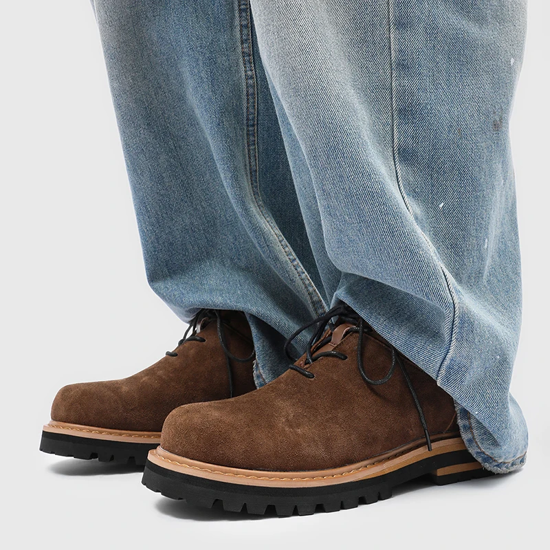 Men's Retro Derby Shoes Thick Sole Lace Up Casual Work Shoes Vintage Suede Texture Daily Walking Footwear