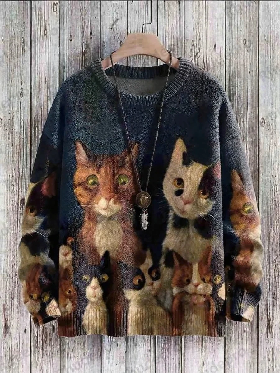 2027 Cute Black Cat Play The Piano Art Pattern Print Casual Knit Pullover Sweater Old Money Clothes Man