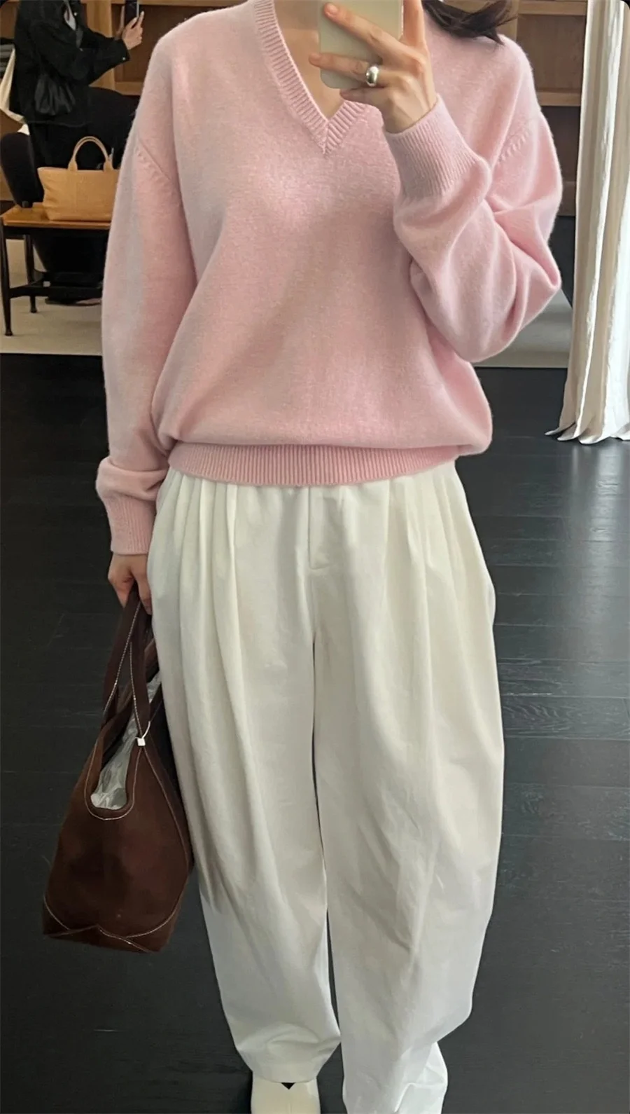 PREON Commuter Sle V-Ne ロングスベ ウールニットトップ シンプル 秋冬新作 ルーズフィット ニットウェア MoonDal