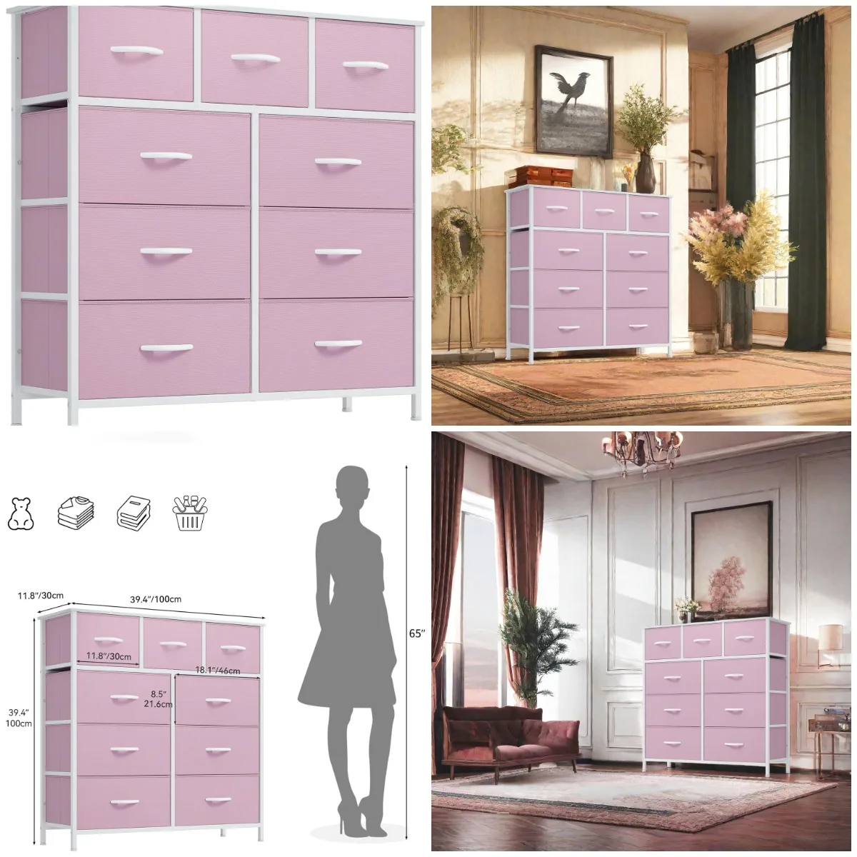 

Pink Fabric Dresser with 9 Drawers, Steel Frame, Wooden Top – Easy-Pull Bins for Living Room or Closet