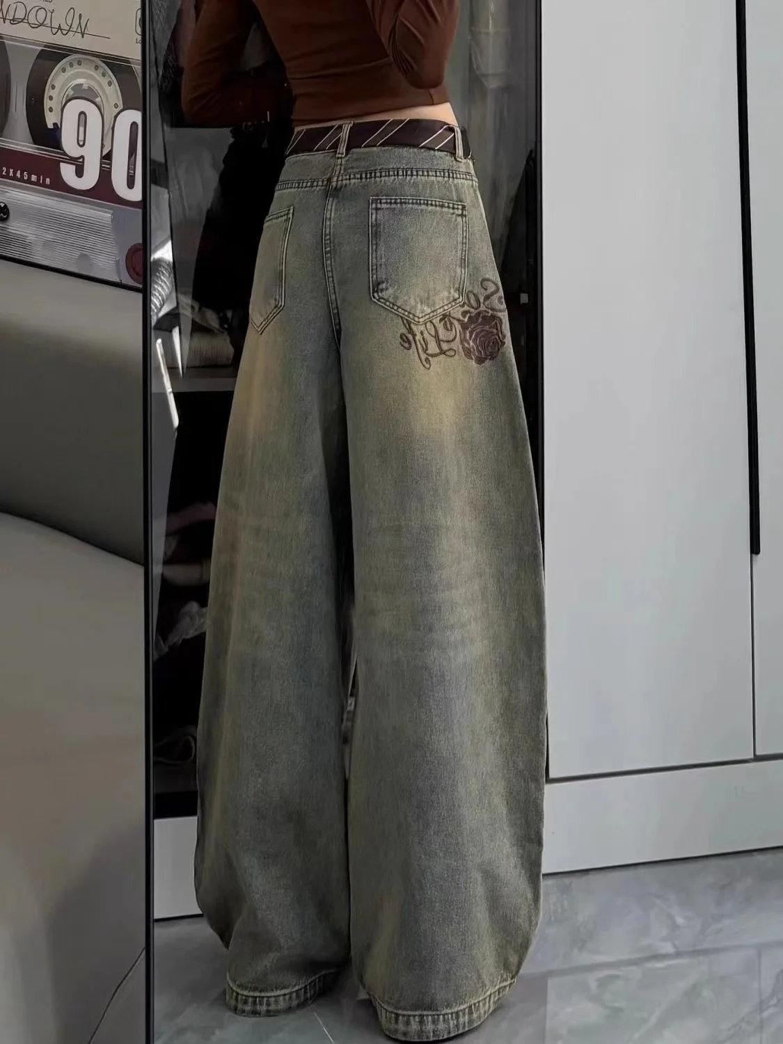 Vintage Y2K Gothic Baggy Jeans Haftowane spodnie dżinsowe z szerokimi nogawkami Streetwear Aesthetic Trousers dla mężczyzn