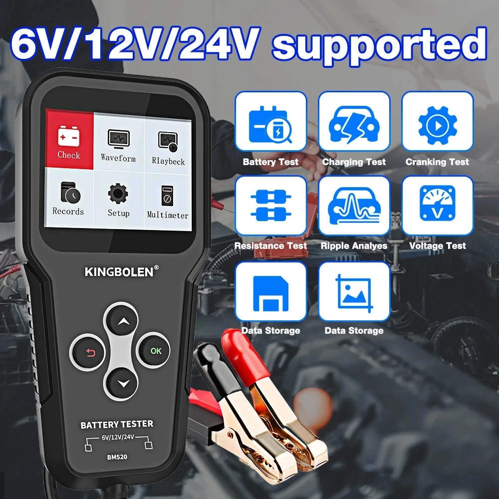 KINGBOLEN BM520 Motorcycle Car Truck Battery Tester 6V 12V 24V Battery Analyzer 2000 CCA Charging Cranking Test Scanner Tools