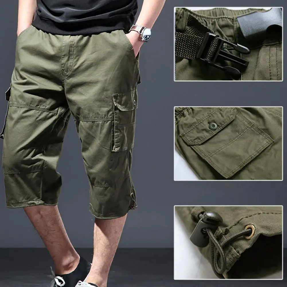 Trendy Drawstring Cotton Camouflage Print Multi Pockets Cargo Pants Loose Type Men Cropped Pants Daily Clothes