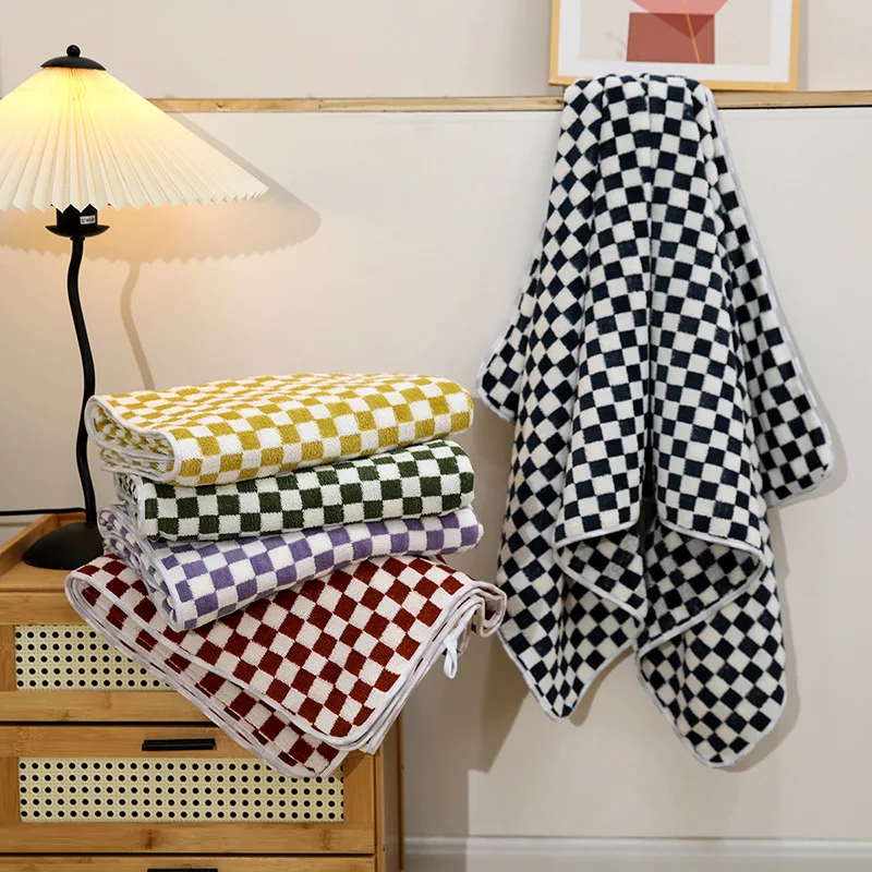 1PC Multi-color Checkerboard Towel Combed Cotton Towel Kitchen Bathroom Hotel Super Absorbent Soft Skin Friendly Cleaning Cloth