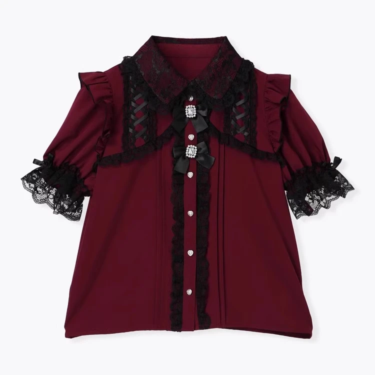 Japanese Mine Bow Cute Lace Short Sleeve Sweet Shirt Girl Women's Summer Loose Elegant Puff Sleeve Lolita Blusas Top Mujer 2025