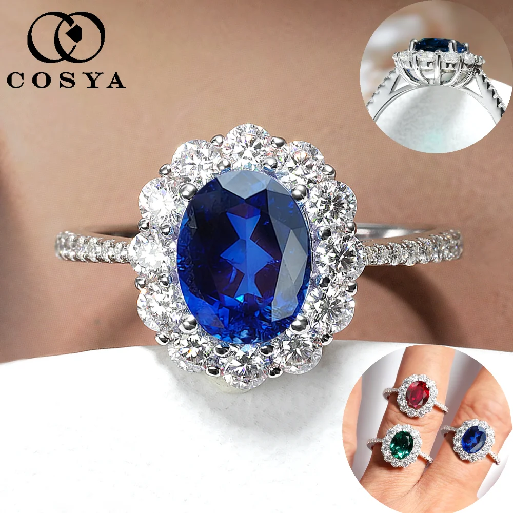 COSYA 2.98cttw Oval Cut Lab Grown Colombian Emerald/Saphire Halo Ring For Women S925 Silver Moissanite Wedding Band Fine Jewelry