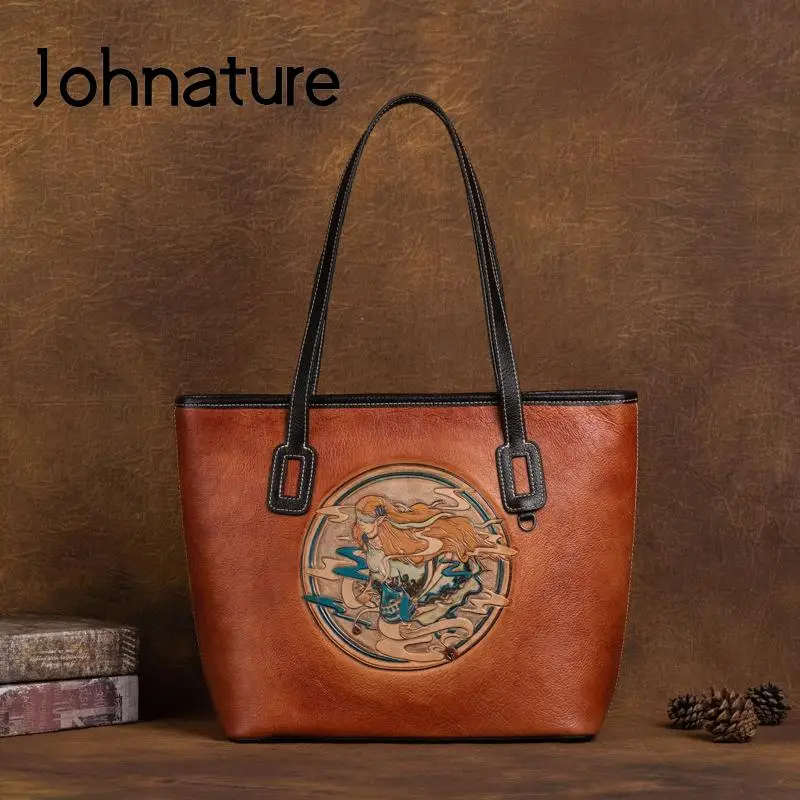 

Johnature Retro Women Tote Bag Genuine Leather 2024 New Large Capacity Embossed Leisure Soft Real Cowhide Ladies Shoulder Bags