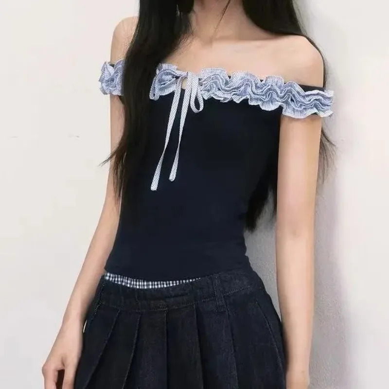 Women's Off Shoulder Ruffled Trim Top with Front Tie Sleeveless Slim Fit Cami with Gingham Contrast Detail