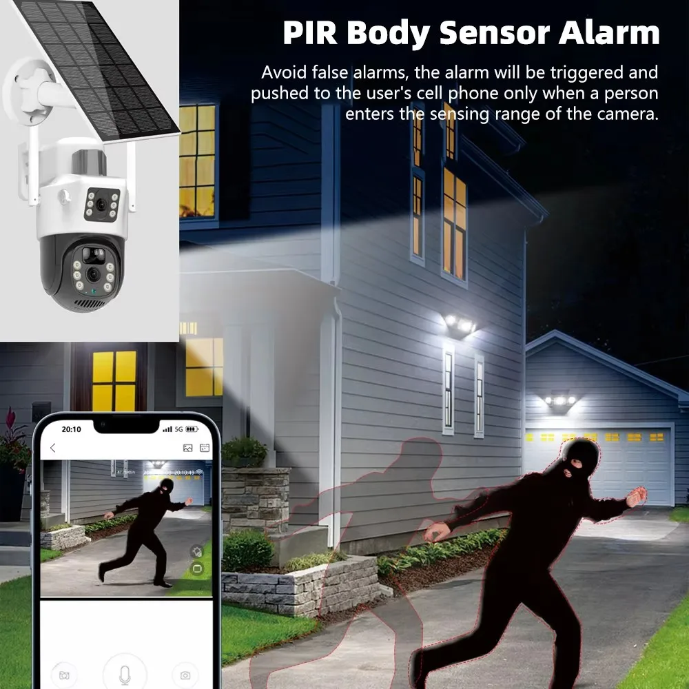 IR Night Vision Surveillance Camera Wireless Dual Lens Security Camera 6MP Human Tracking Solar Charging Bulit-in Battery Cam