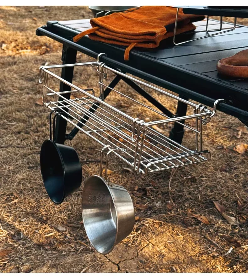 Outdoor Aluminum Folding Table Side Storage Rack with Hanging Mesh IGT Expansion Bracket - Table Extension Basket for Hanging St