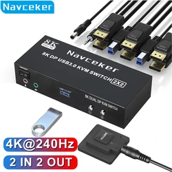 Navceker 4K 240Hz Dual Monitor DP 2.0 KVM Switch 8K USB 3.0 Displayport KVM Switch 2 in 2 out Display 2 Monitors 2 Computer PC