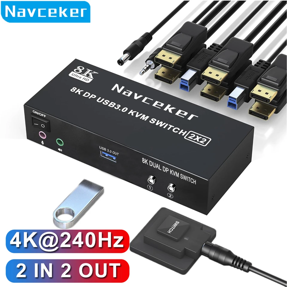 Navceker 4K 240Hz Dual Monitor DP 2.0 KVM Switch 8K USB 3.0 Displayport KVM Switch 2 in 2 out Display 2 Monitors 2 Computer PC