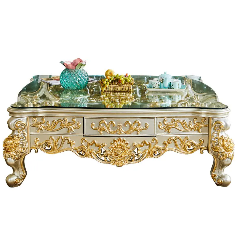 European coffee table American villa living room all solid wood wood surface carving with glass coffee table drawing gold and si