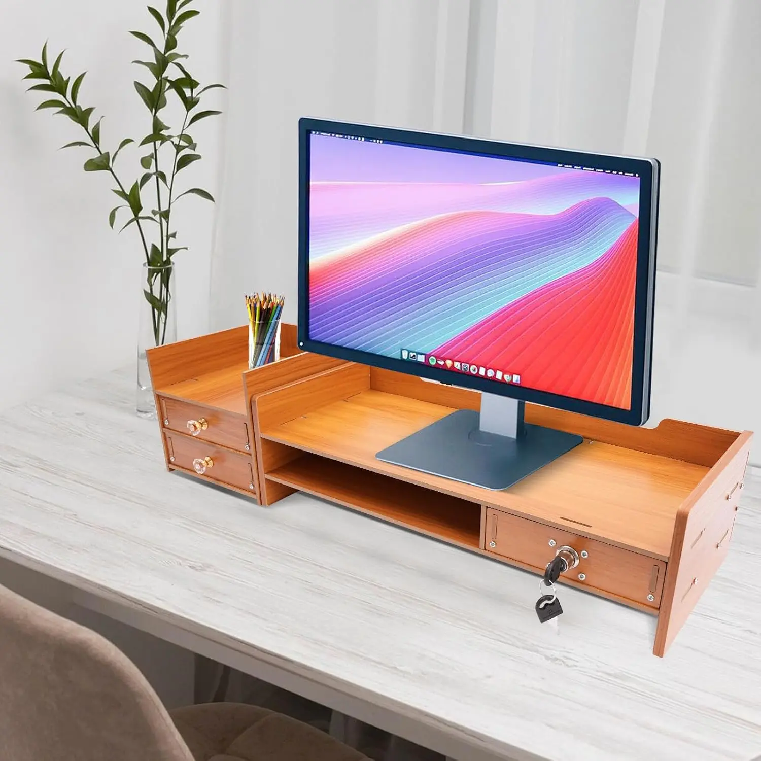 Computer Monitor Stand Desk With Storage,Wood Laptop Stand,Desk Organizer With Drawer For Office, Home, School