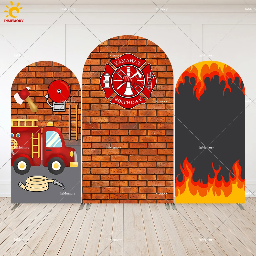 

Firefighter Birthday Party Arch Backdrop Cover Fireman Fire Truck Photography Background Boy Birthday Party Decoration Banner