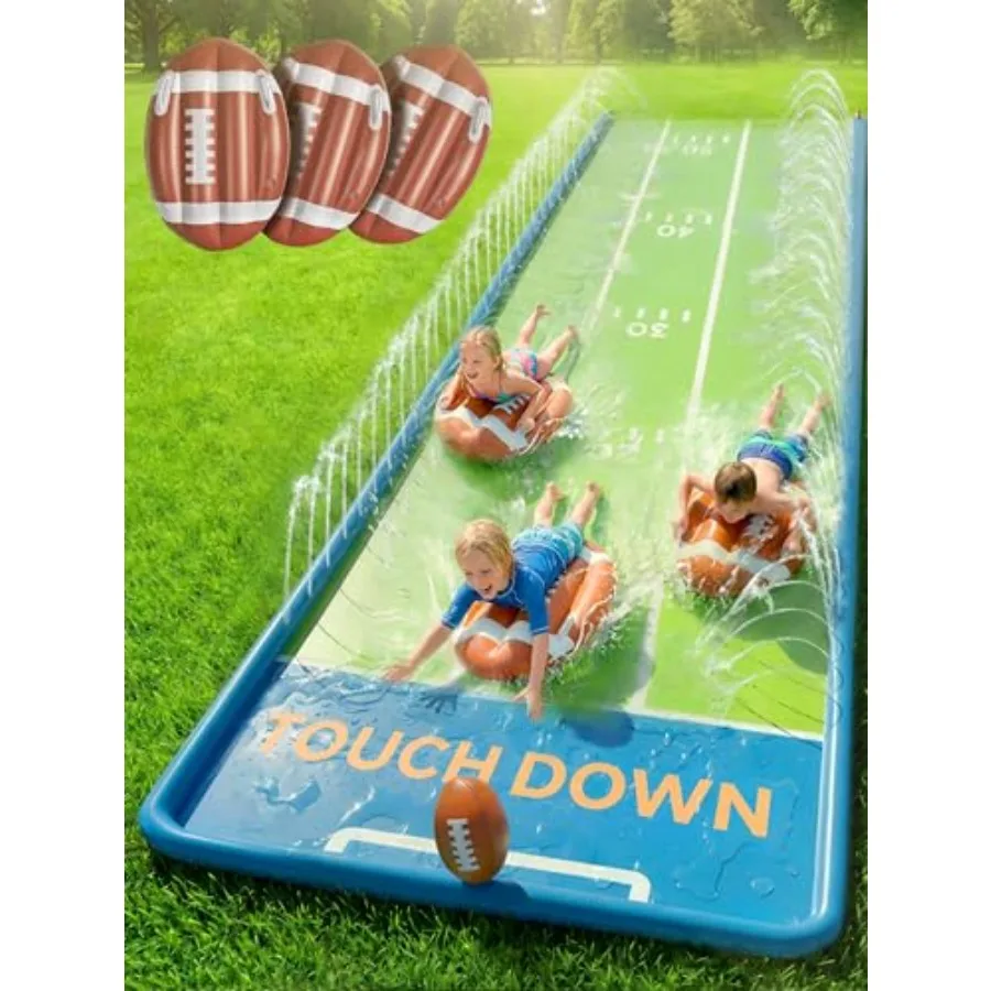 Backyard triple water slides for kids: 20FT PVC inflatable slide with 3 bodyboards 1 inflatable football splash featureblue and