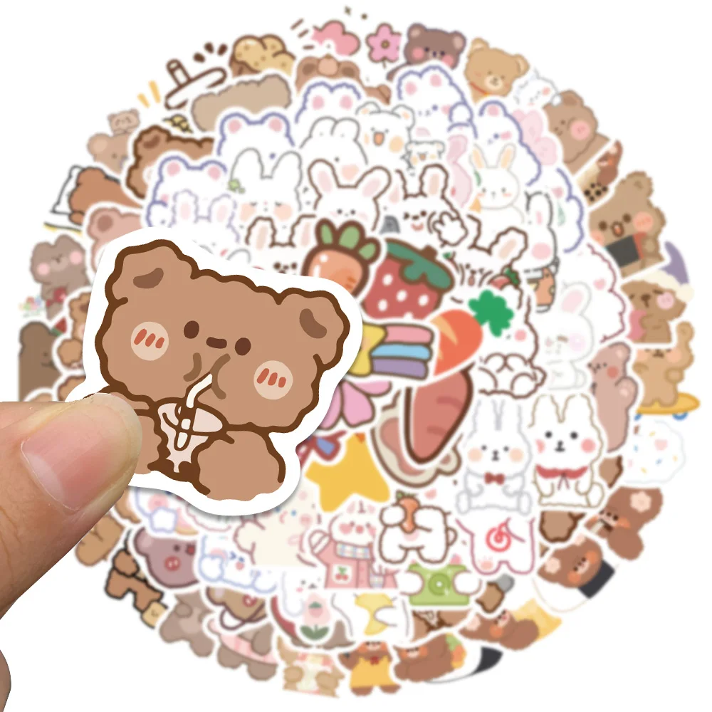 90PCS Cartoon White Bunny Rabbit Brown Bear Sticker Laptop Guitar Motorcycle Luggage Skateboard Kids Toy Stickers