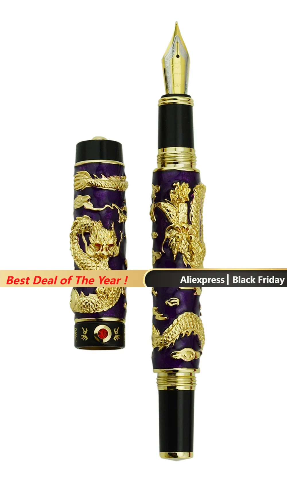 Jinhao Purple Cloisonne Double Dragon Fountain Pen Iridium Medium Nib Advanced Craft Writing Gift Pen for Business, Graduate