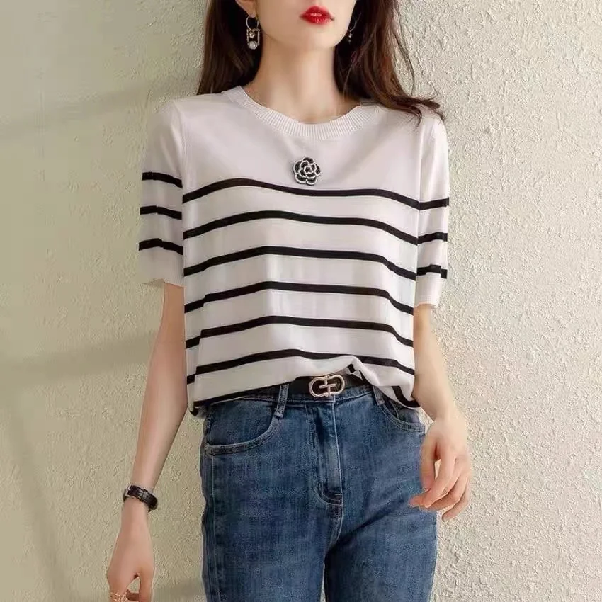 

camellia ice knit short sleeve women's thin matching striped cotton T-shirt summer bottom half sleeve top