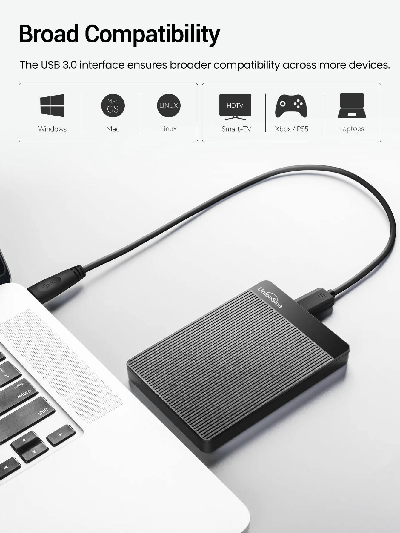UnionSine 500GB 외장하드 – 사진, 동영상, 게임 저장용 휴대용 드라이브 | USB 3.0 플러그 앤 플레이 | 매트 블랙 미니멀 디자인 | PC, Mac, Xbox 및 PS4/PS5 호환 (250GB~1TB 선택가능)