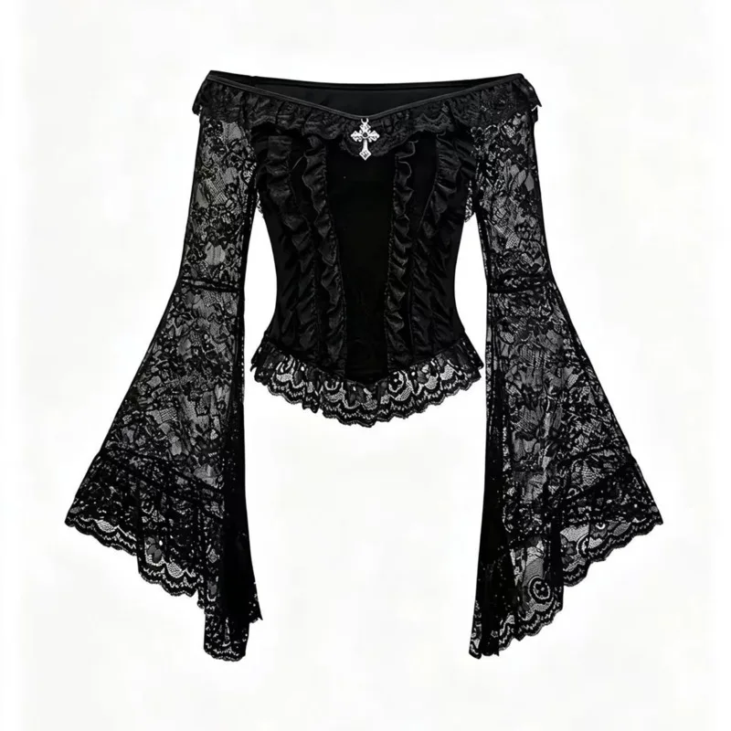 Gothic Velvet Top Halloween Y2K Lace Off Shoulder, Crop Women Bell Sleeve Black Party Streetwear Blouse 40cm Clubwear Tee New