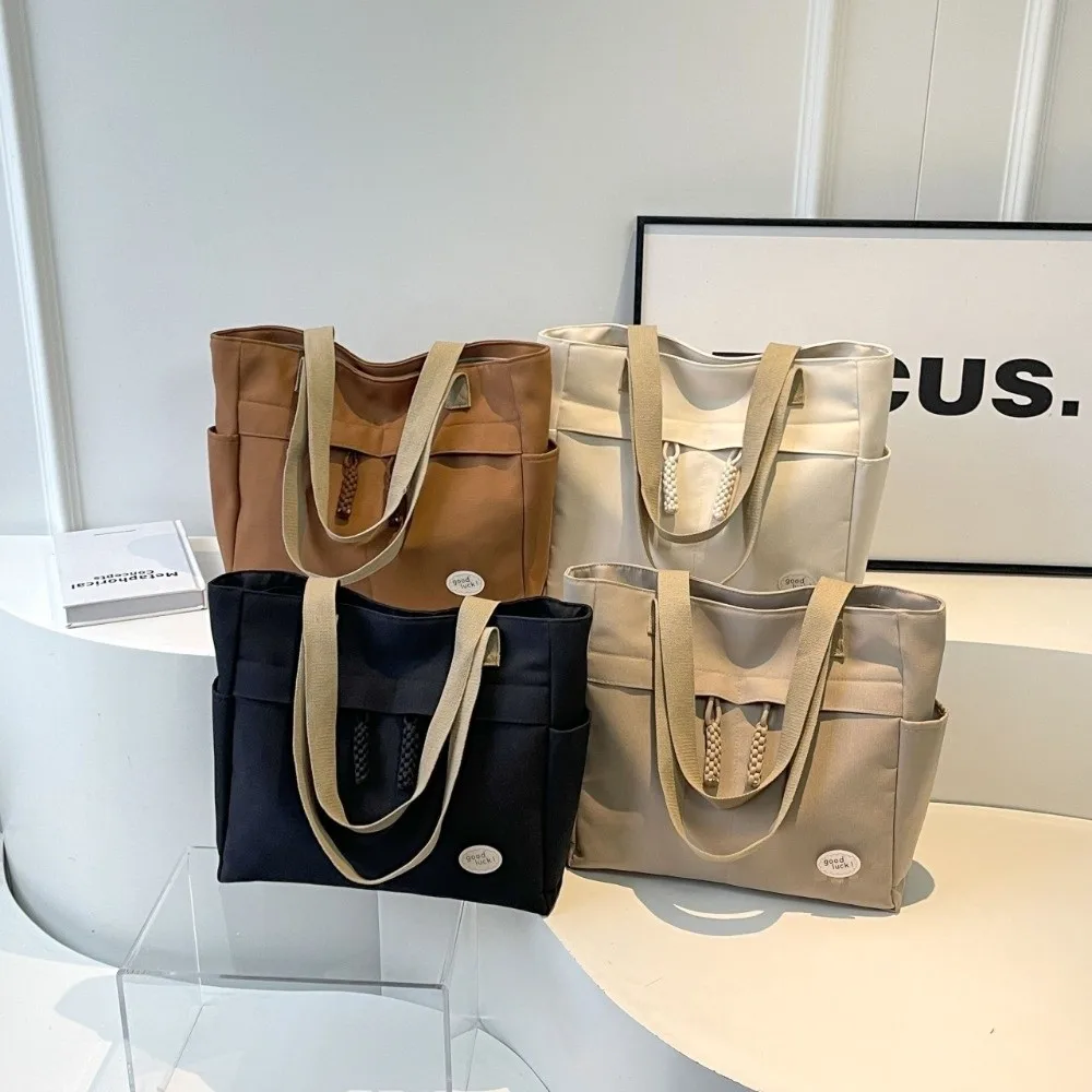 

Simple Solid Color Canvas Tote Bag Multi Pocket Japanese Style Simple Handbag Large Capacity Shoulder Bag Travel